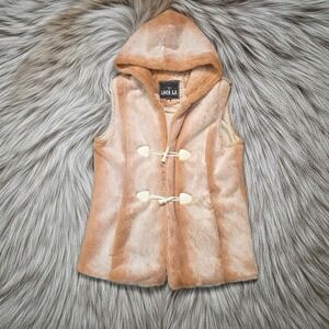 Loca La Faux Fur Hooded Vest Tan Cream Ombre Toggle Front Womens Medium